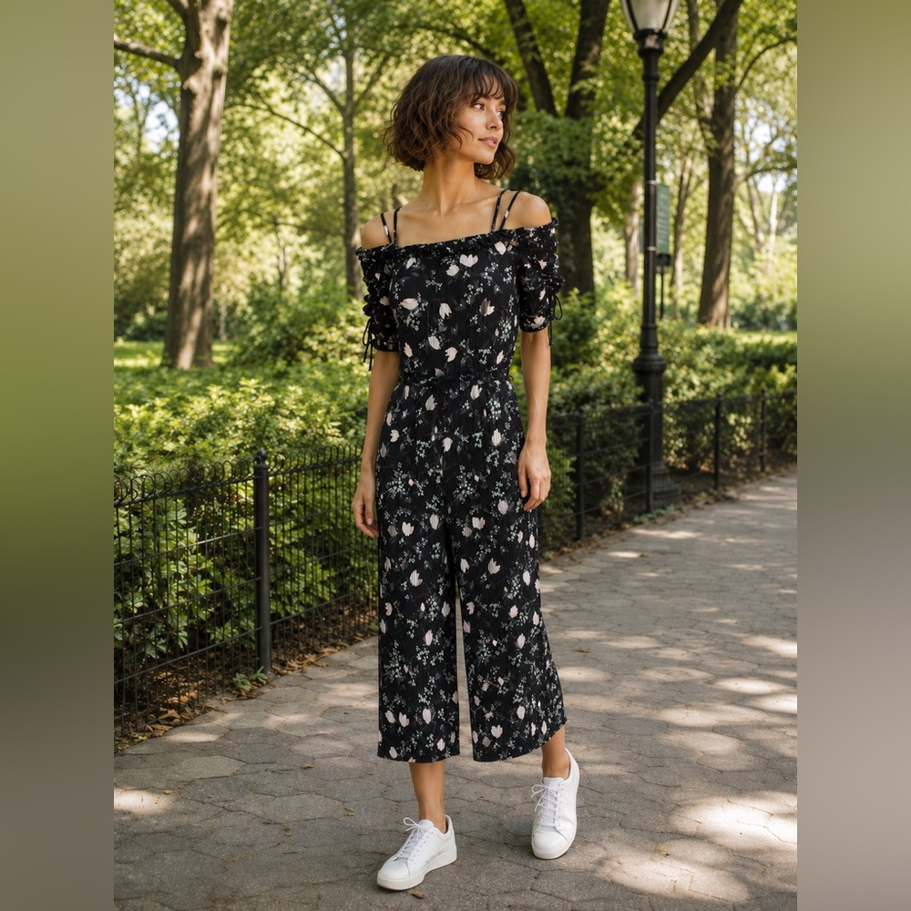 Off-Shoulder Black Floral Jumpsuit